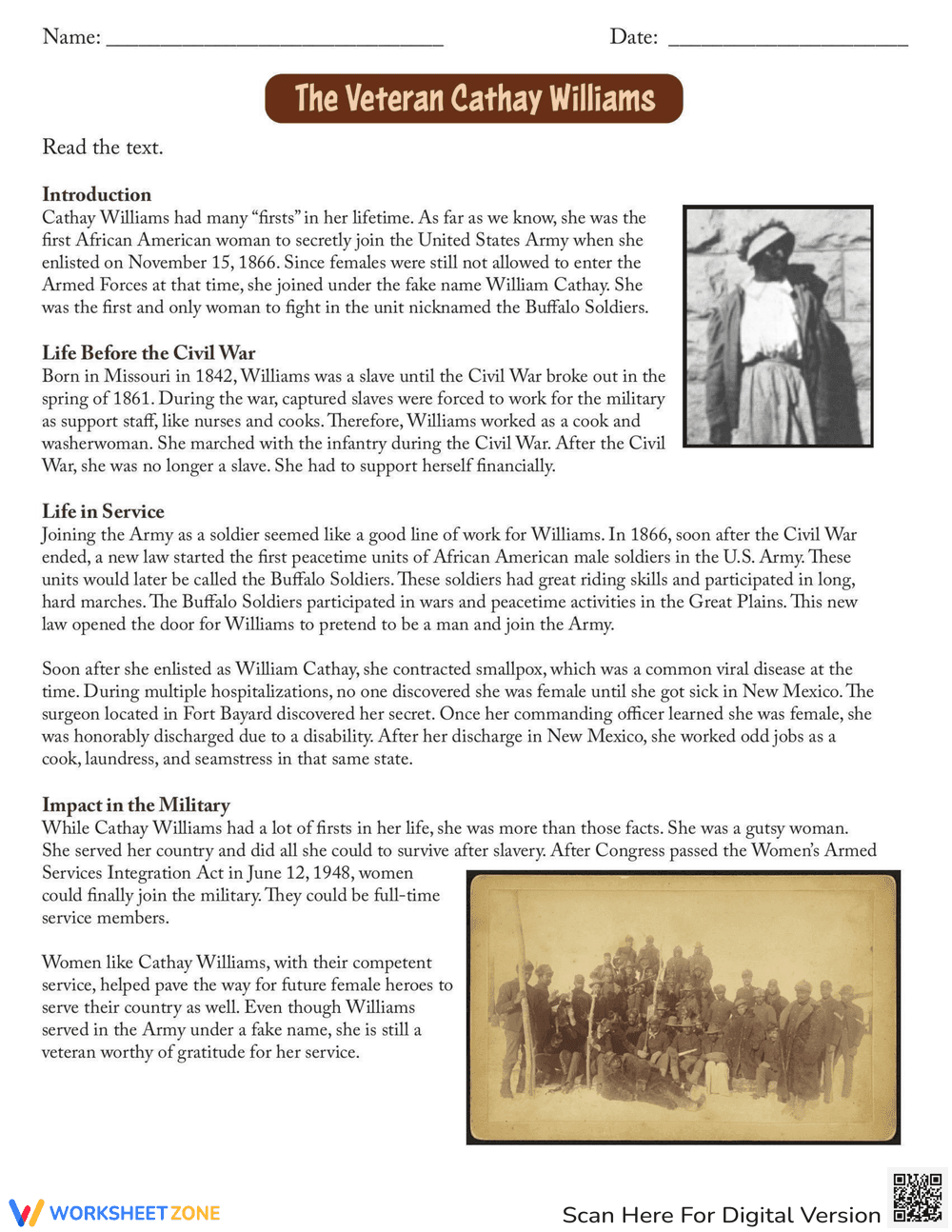 Cathay Williams: The Veteran Worksheet - Page 1