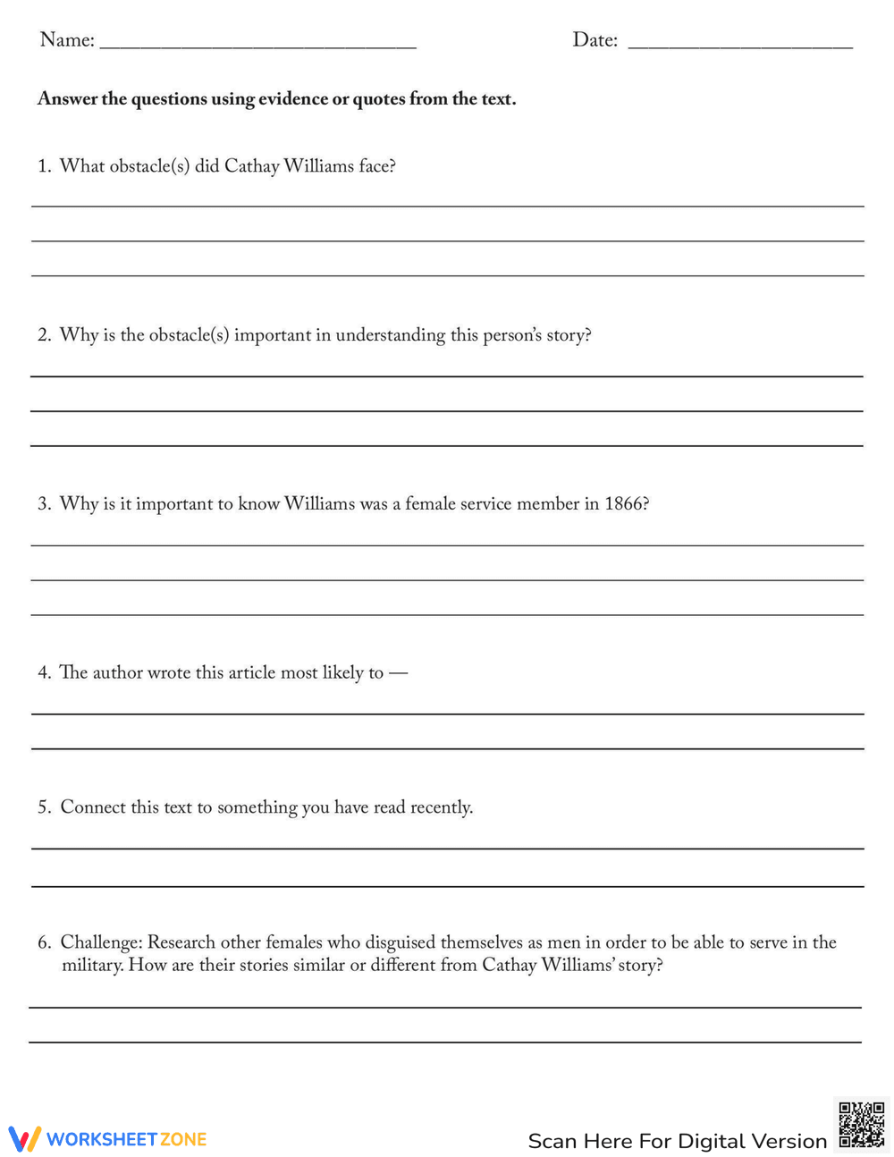 Cathay Williams: The Veteran Worksheet - Page 2