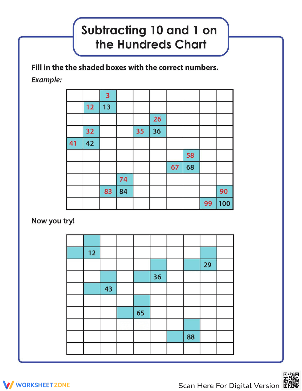 Subtract 10 and 1: 100s Chart Subtraction - Page 1