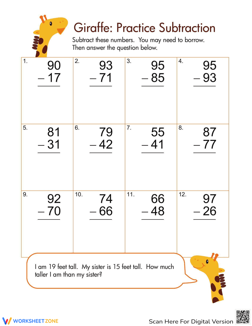 Subtraction Practice with Giraffe Illustration - Page 1