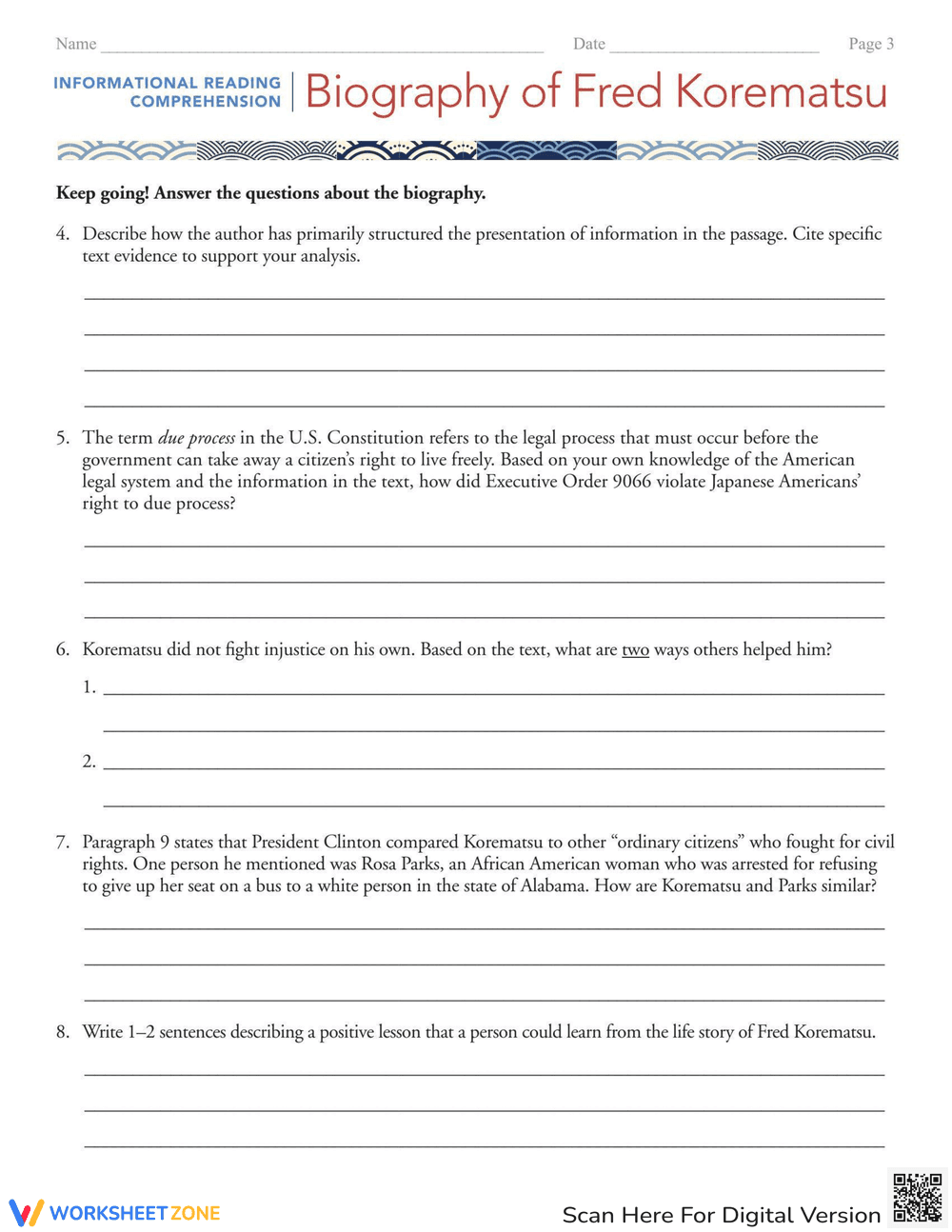 Reading Comprehension: The Biography of Fred Korematsu - Page 3