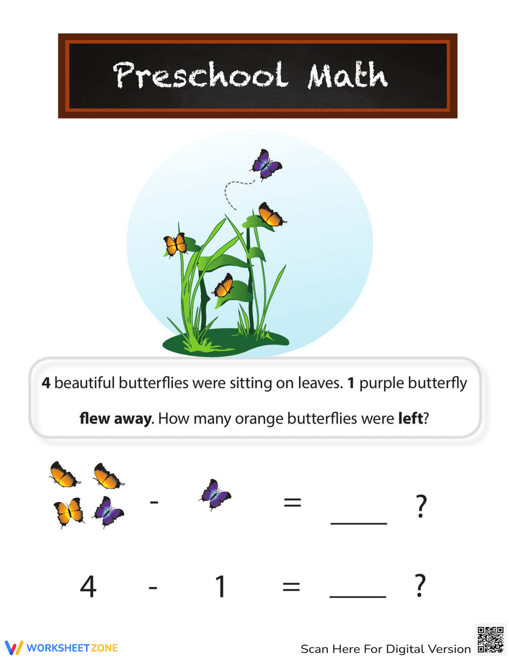 Butterfly Subtraction Worksheet for Kids - Page 1