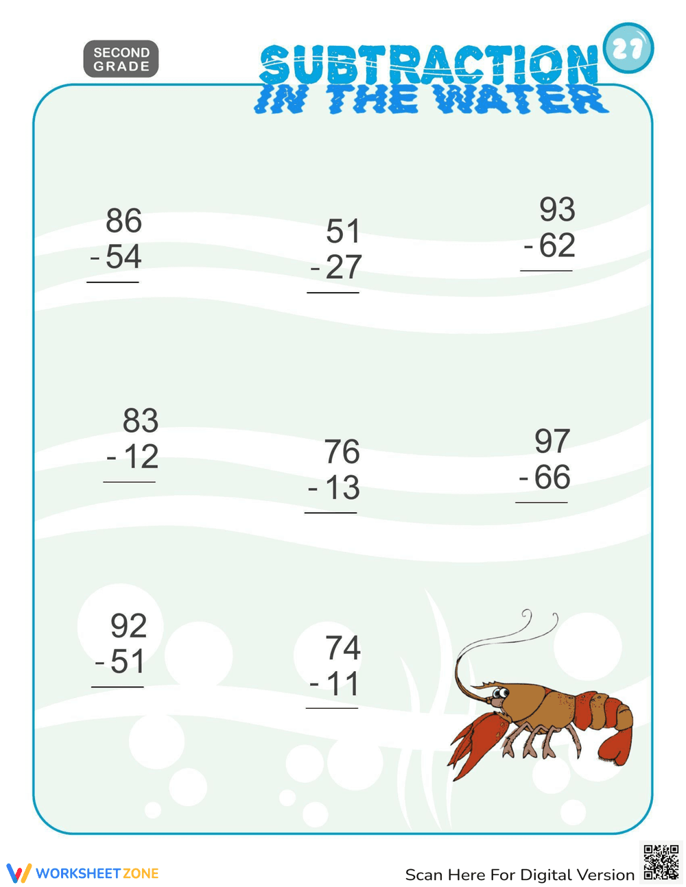 Underwater Subtraction Practice Worksheet - Page 1