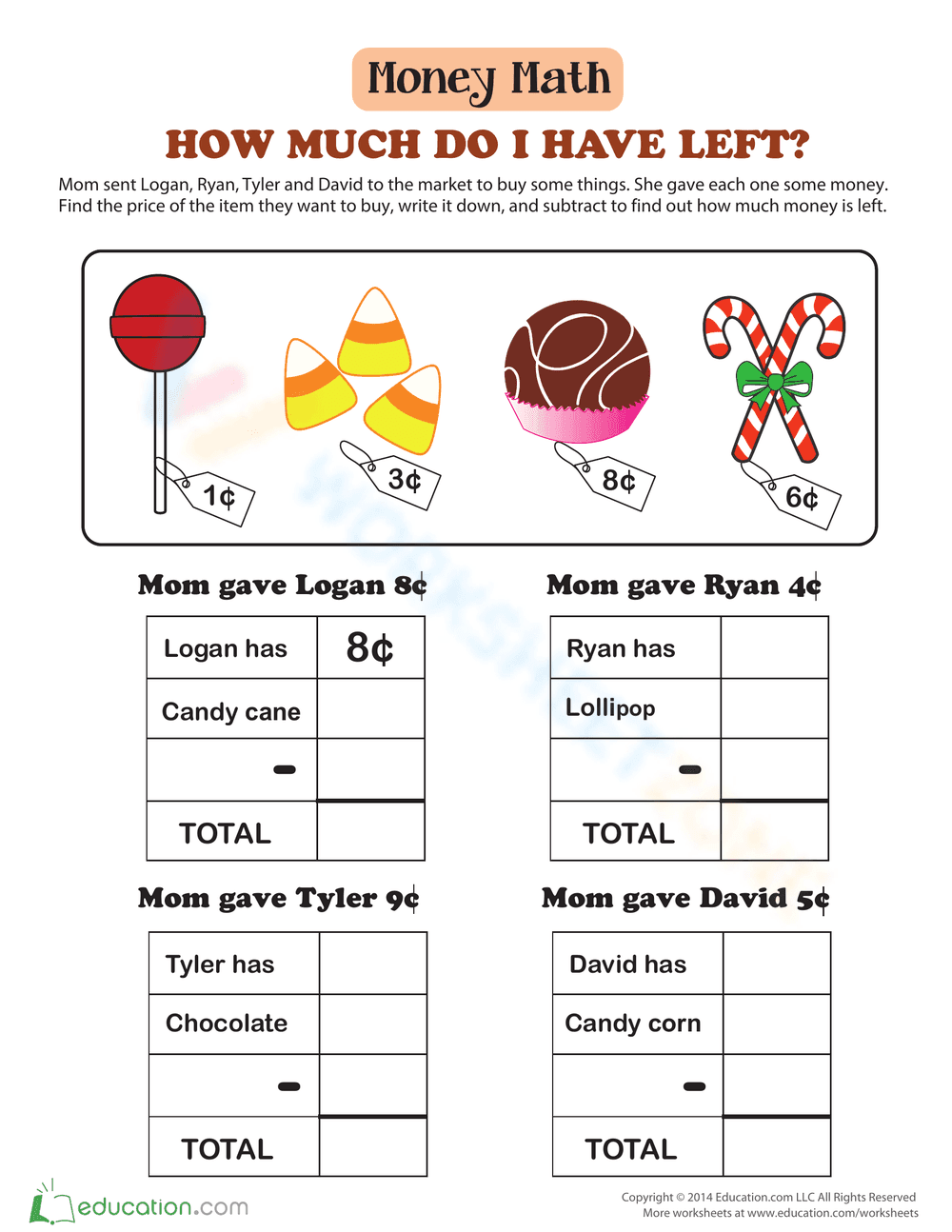 Subtraction with Money - Page 1