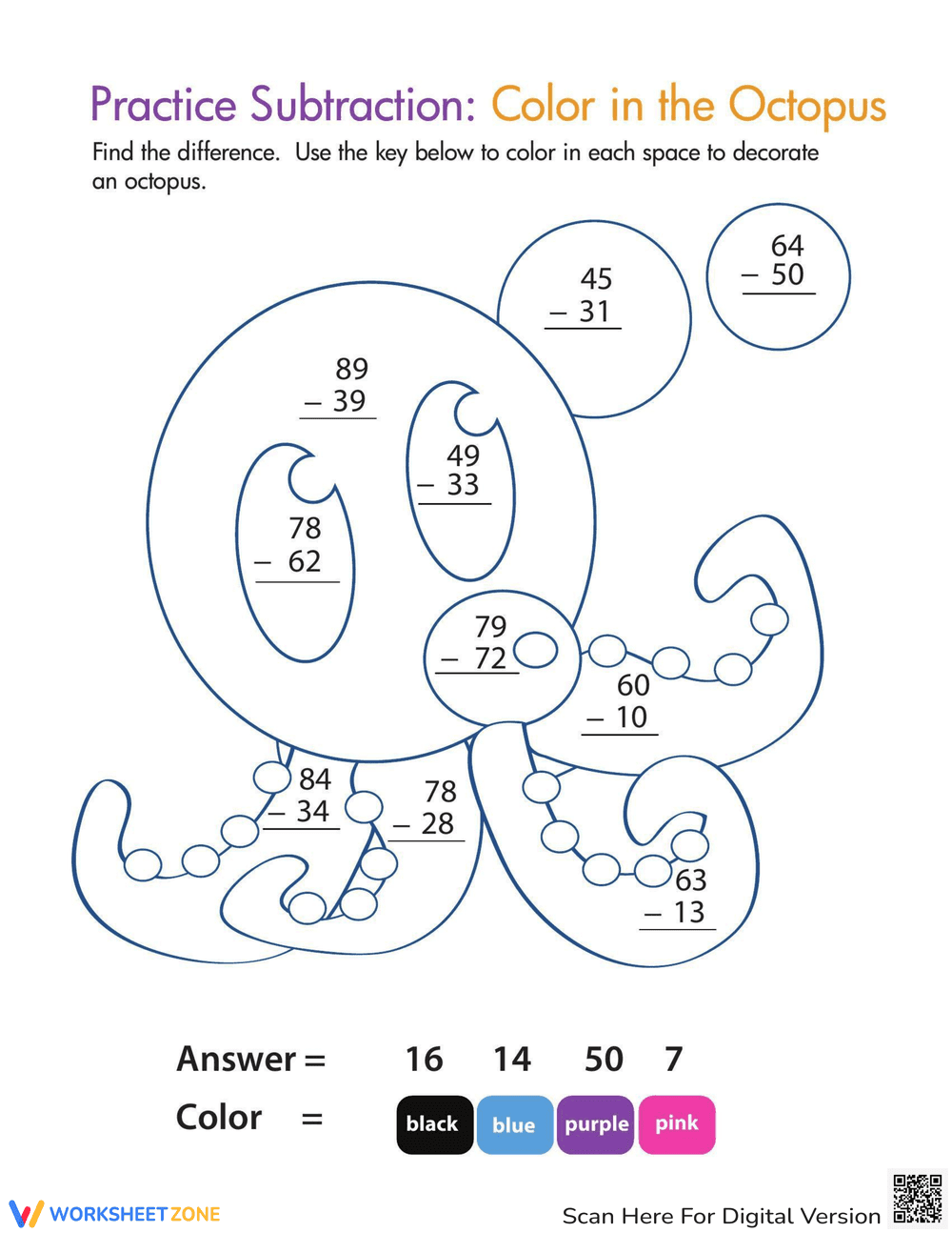 Color by Number: Practice Two-Digit Subtraction 7 - Page 1