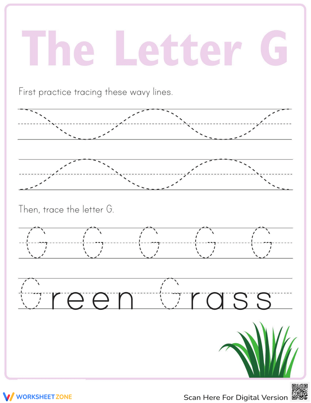 Letter G Tracing Practice with Green Grass - Page 1