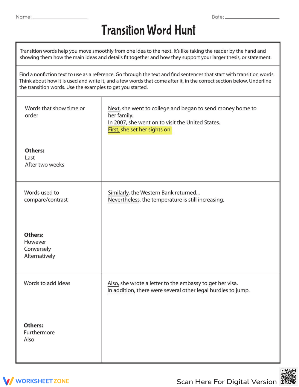Transition Word Hunt Worksheet - Page 1