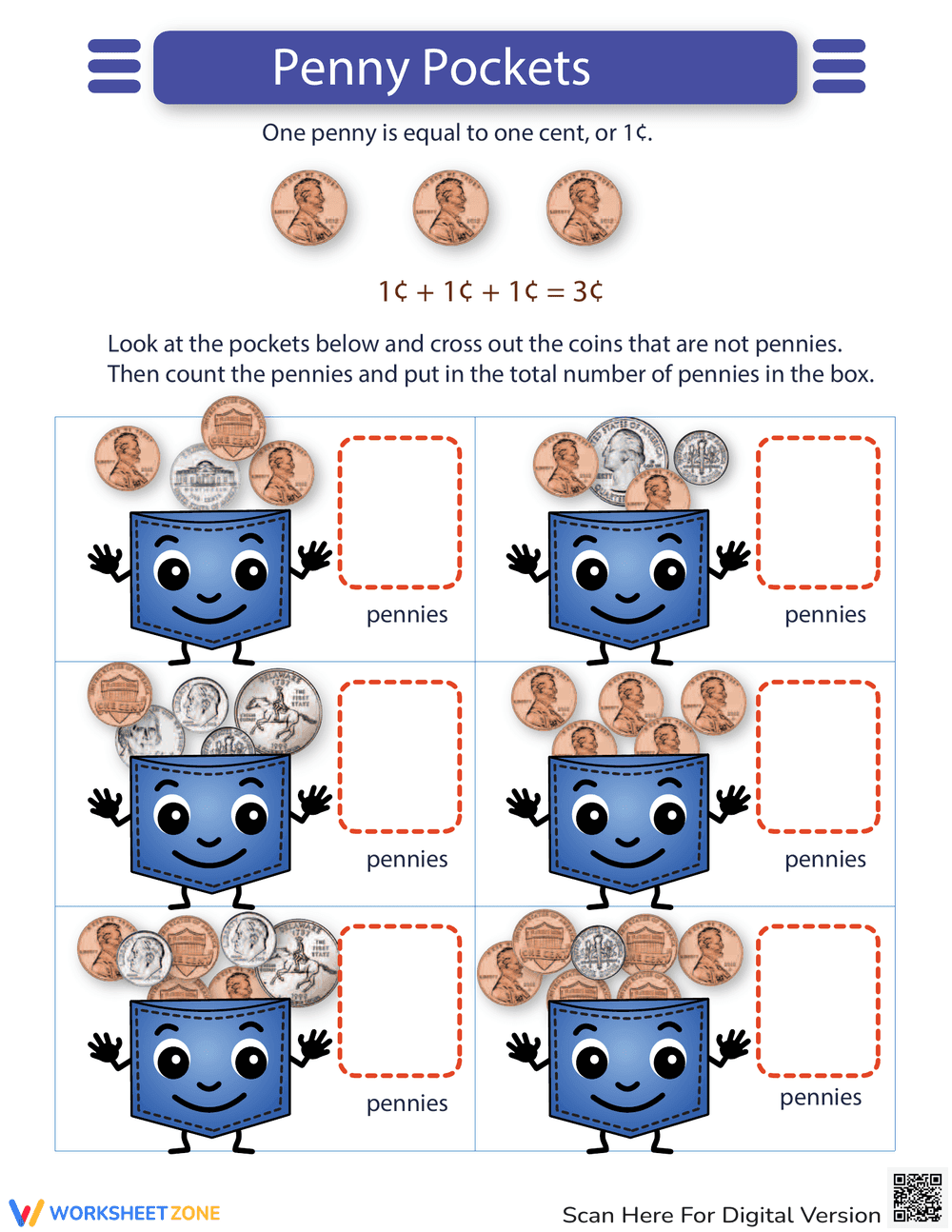 Penny Pockets: A Story and Activities Worksheet - Page 1