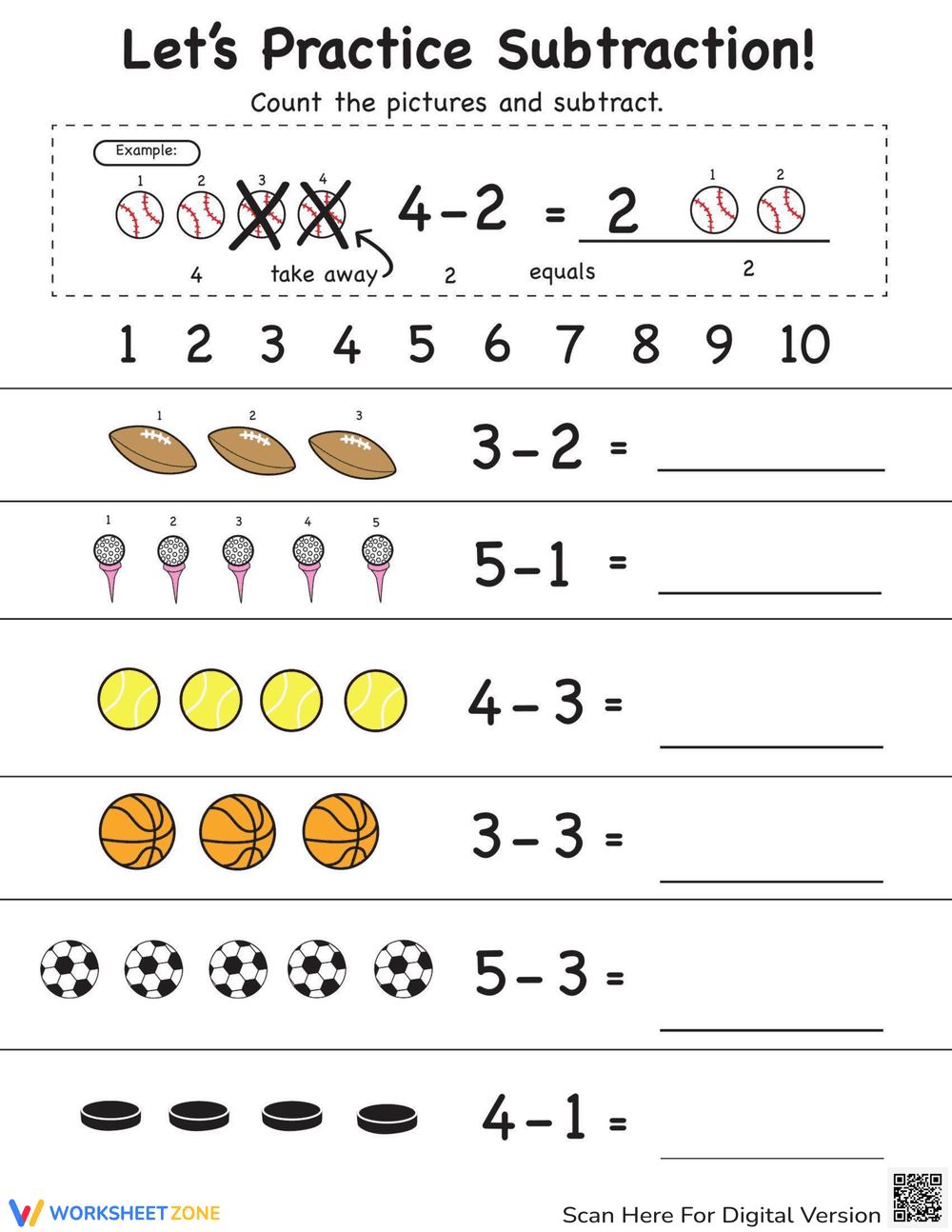 Practice Subtraction: Numbers 1-5 Worksheet - Page 1