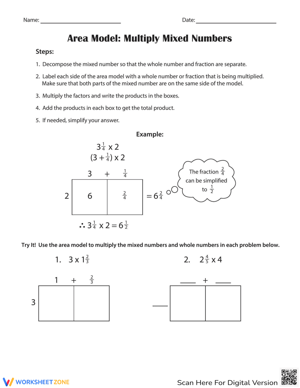Area Model: Multiply Mixed Numbers Worksheet - Page 1