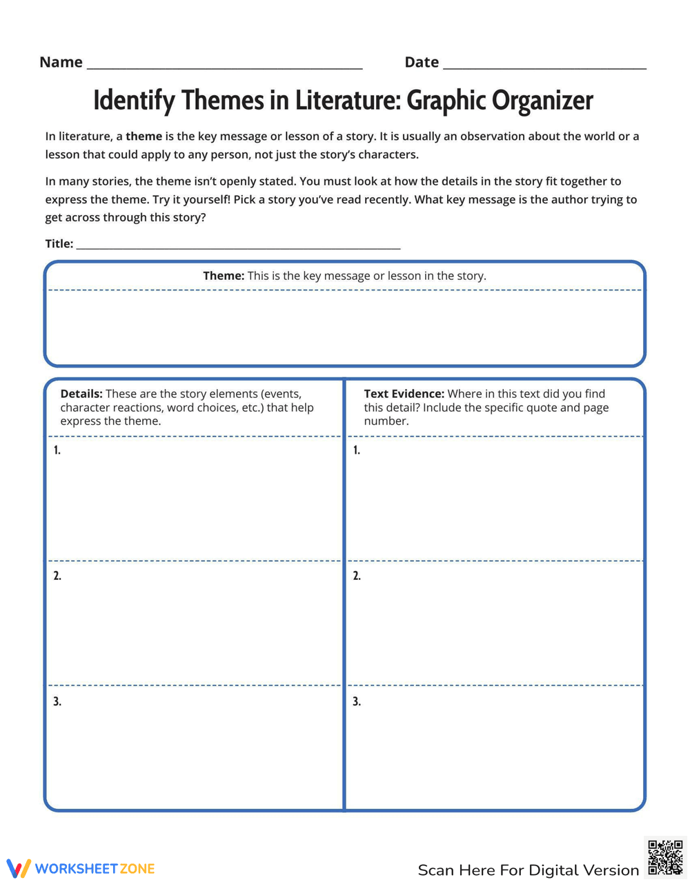 Identify Themes in Literature: Graphic Organizer - Page 1