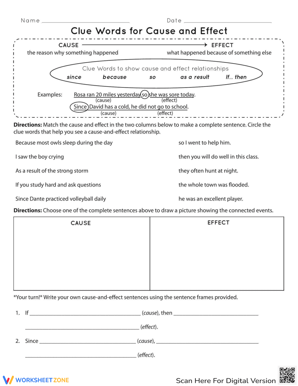 Clue Words for Cause and Effect Worksheet - Page 1