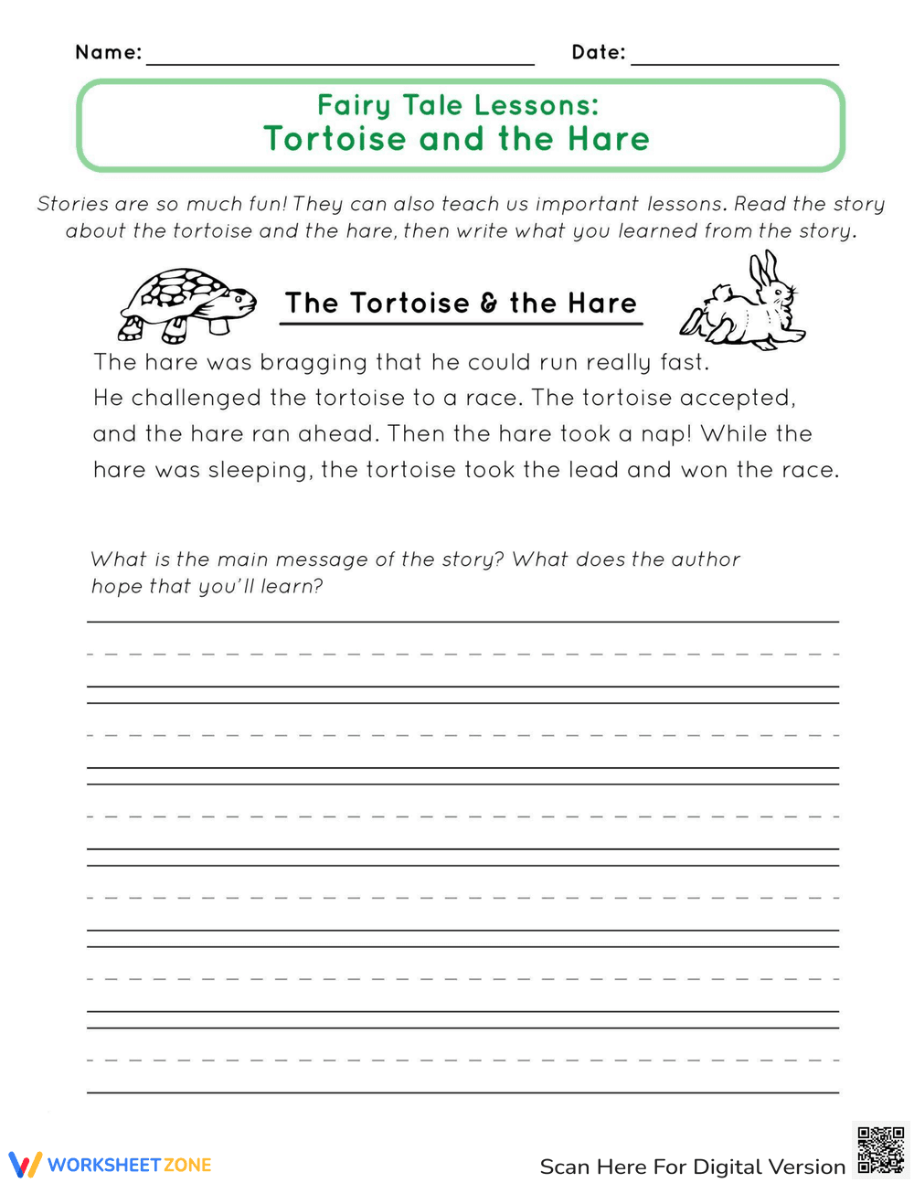 Fairy Tale Lessons: Tortoise and the Hare Worksheet - Page 1