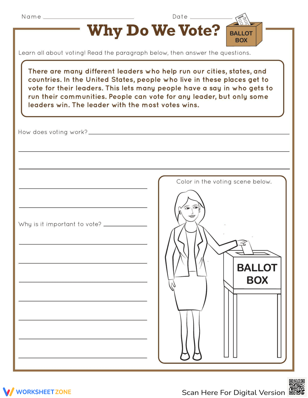 Why Do We Vote? Civics Worksheet - Page 1