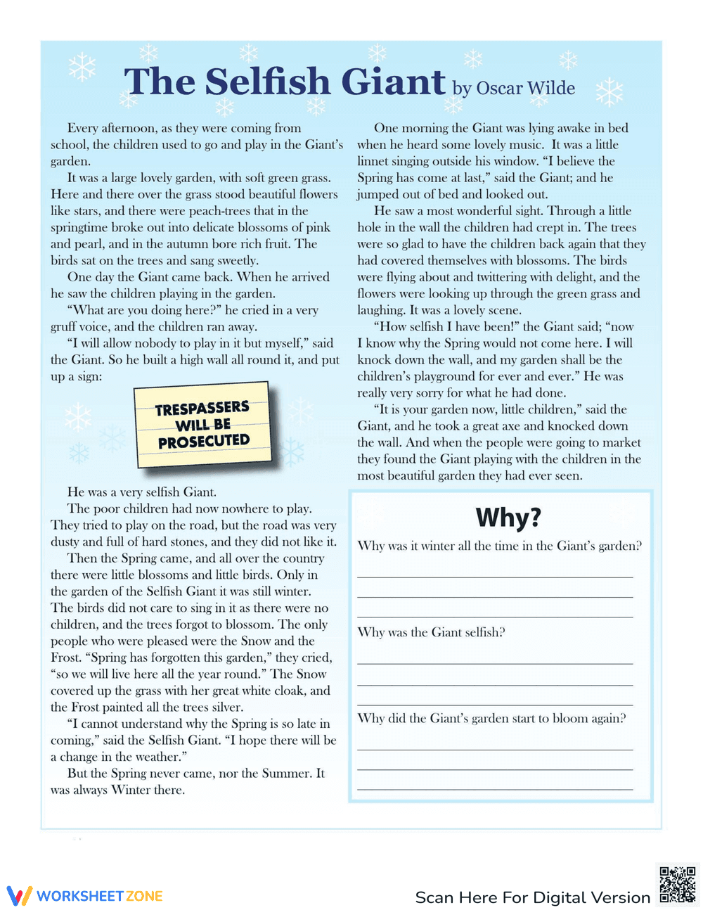 The Selfish Giant: Reading Comprehension - Page 1