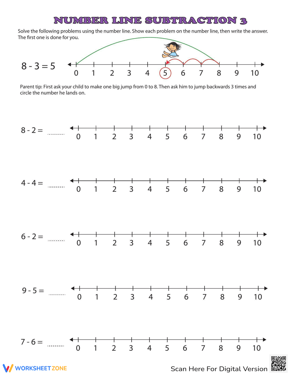 Subtraction Using the Number Line - Page 1