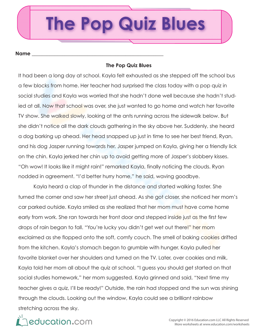 The Pop Quiz Blues Story Worksheet - Page 1