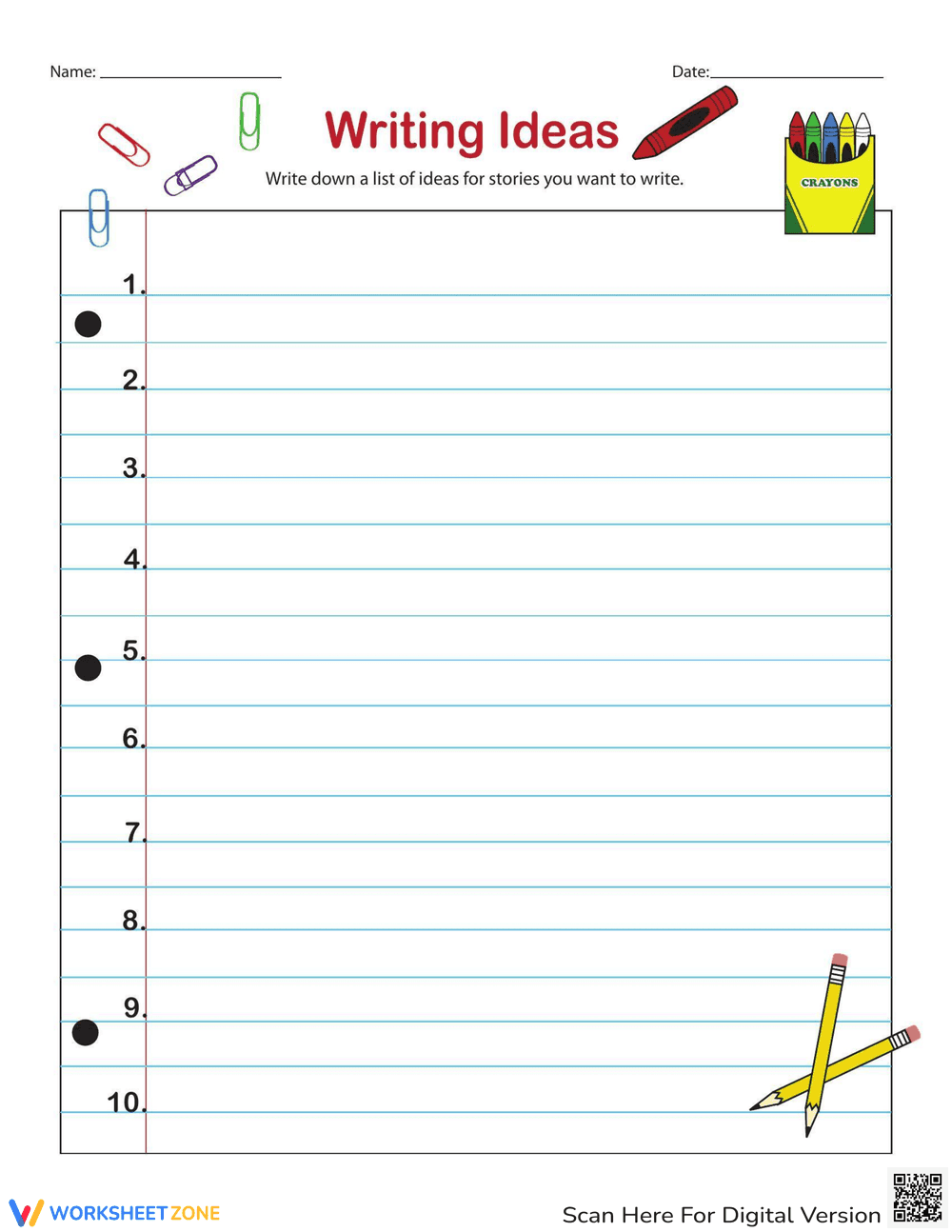 Creative Writing Ideas List Worksheet - Page 1
