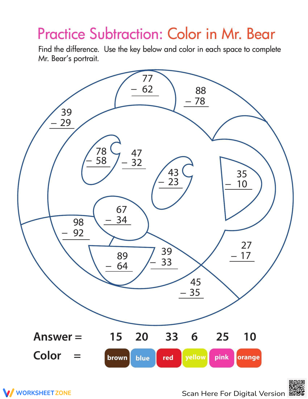 Subtraction Color by Number: Fun Math - Page 1