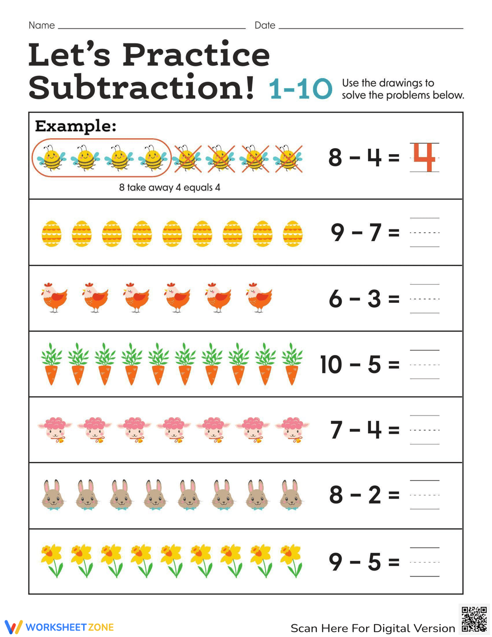 Subtraction Practice: Subtract 1-10 - Page 1