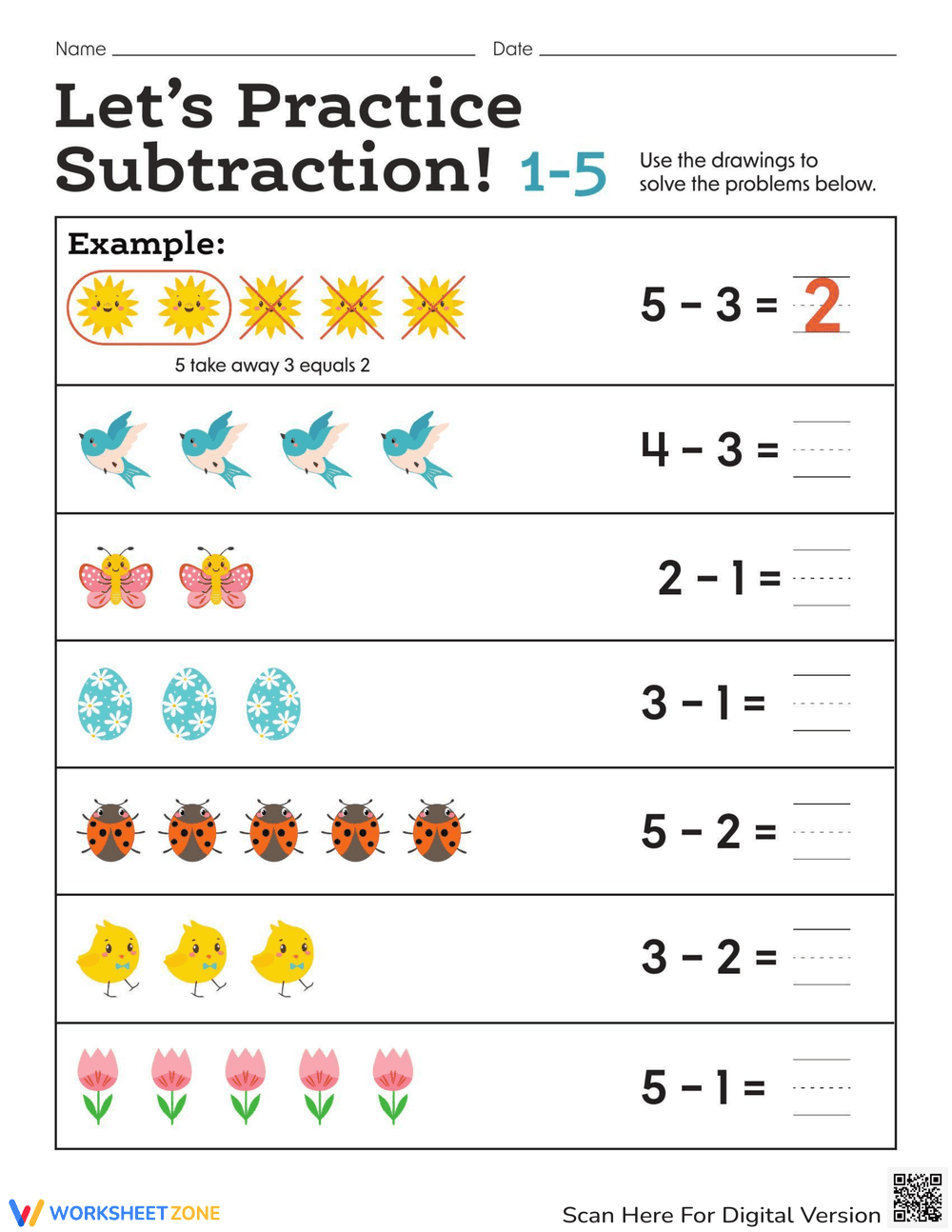 Subtract 1-5 Worksheet: Basic Math Practice - Page 1