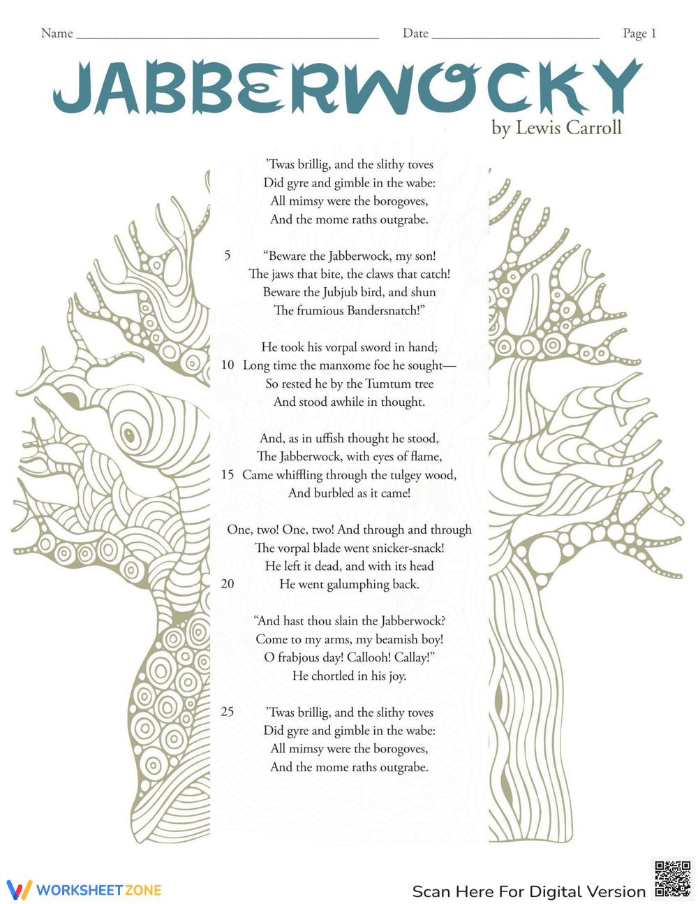 Analyzing Poetry: Jabberwocky Worksheet - Page 1