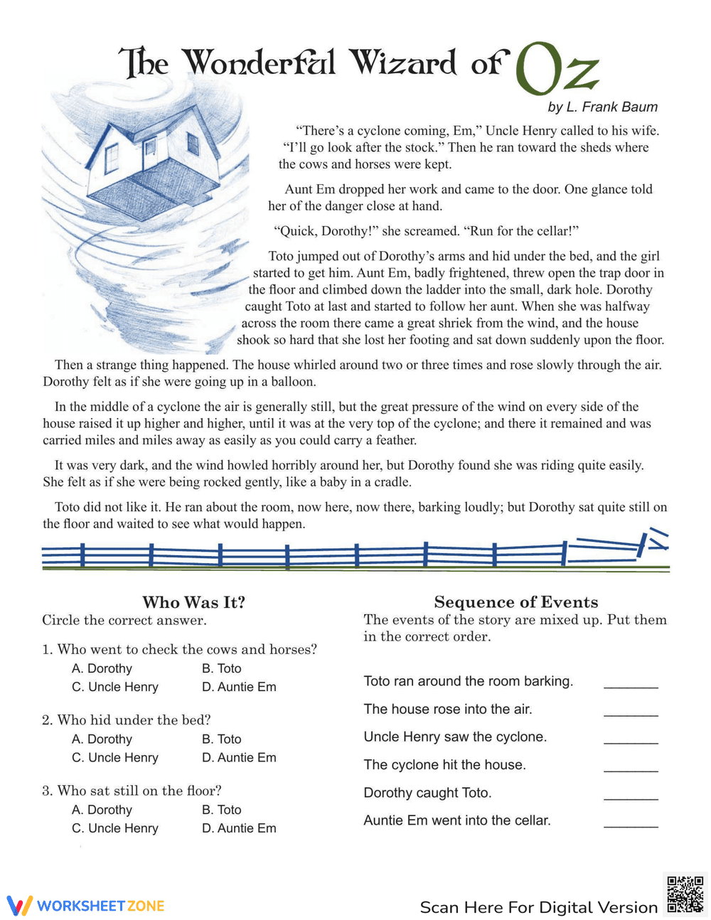 Wizard of Oz Reading Comprehension Worksheet - Page 1