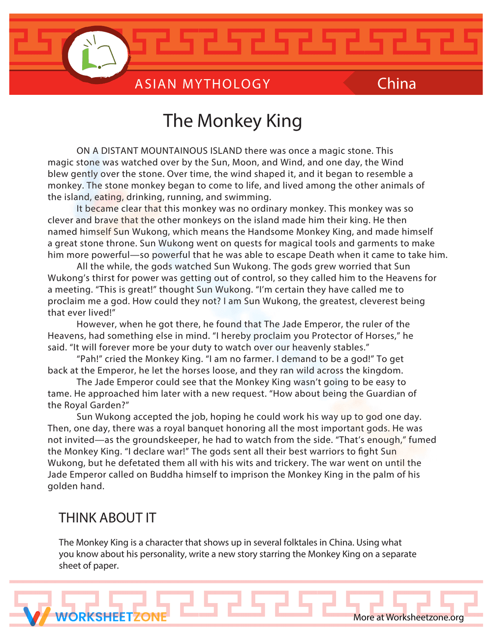 Explore the Monkey King with this Worksheet - Page 1