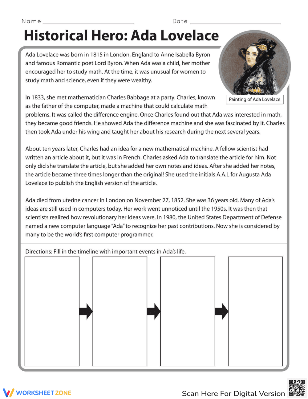Ada Lovelace Biography Reading Worksheet - Page 1