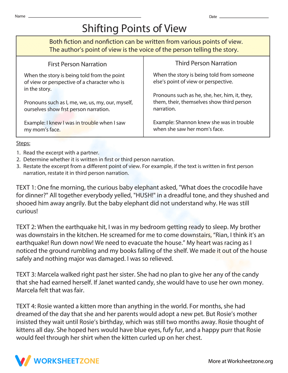 Exploring Shifting Points of View Worksheet - Page 1