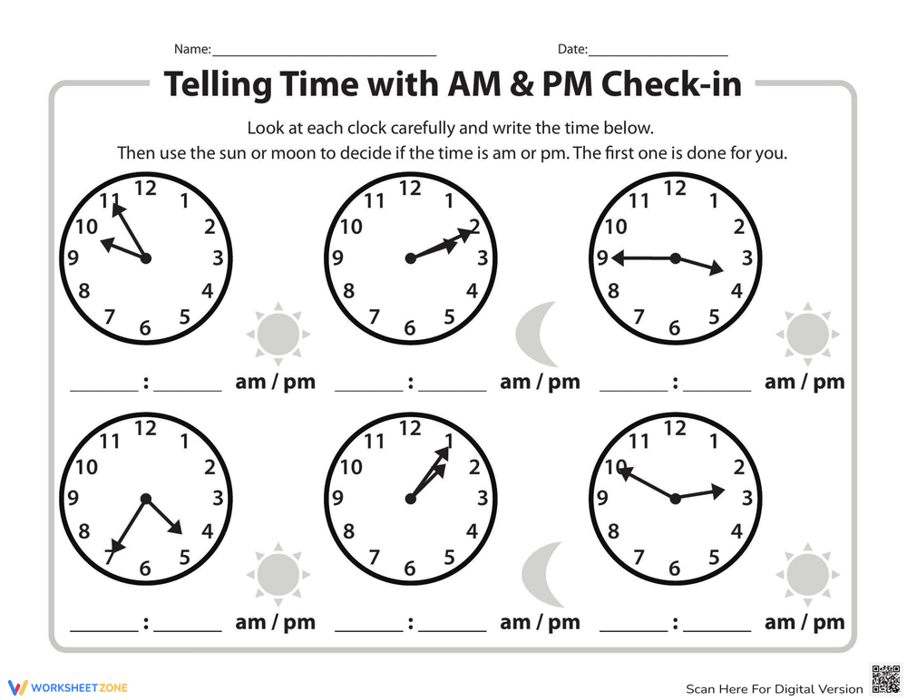 Telling Time with AM and PM Worksheet - Page 2