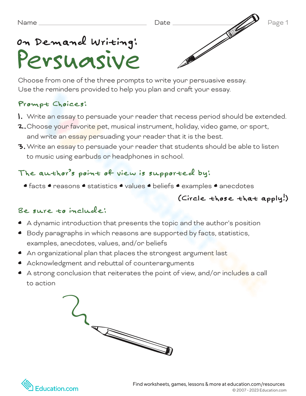 Persuasive Writing Prompt Worksheet - Page 1