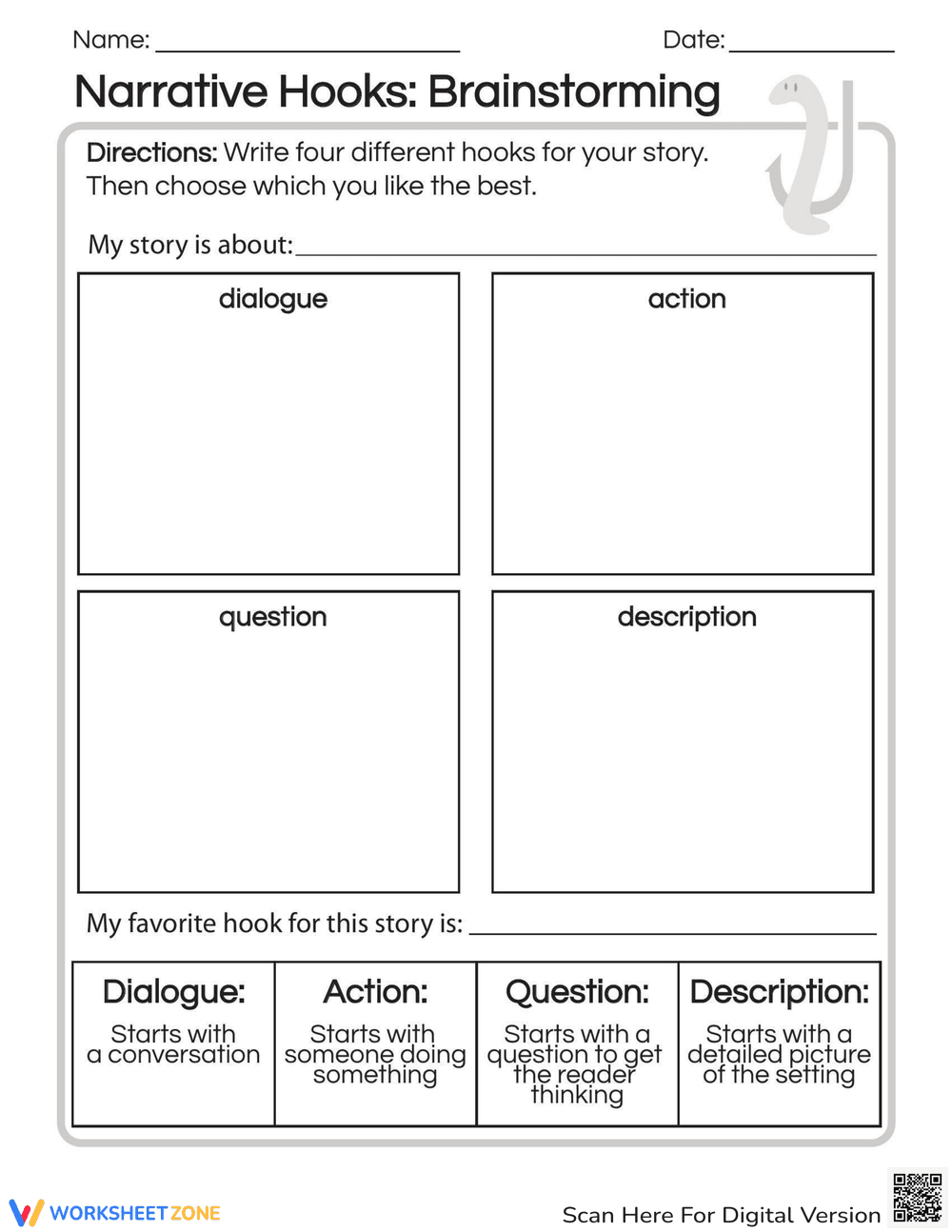 Brainstorming Narrative Hooks: Writing Worksheet - Page 1