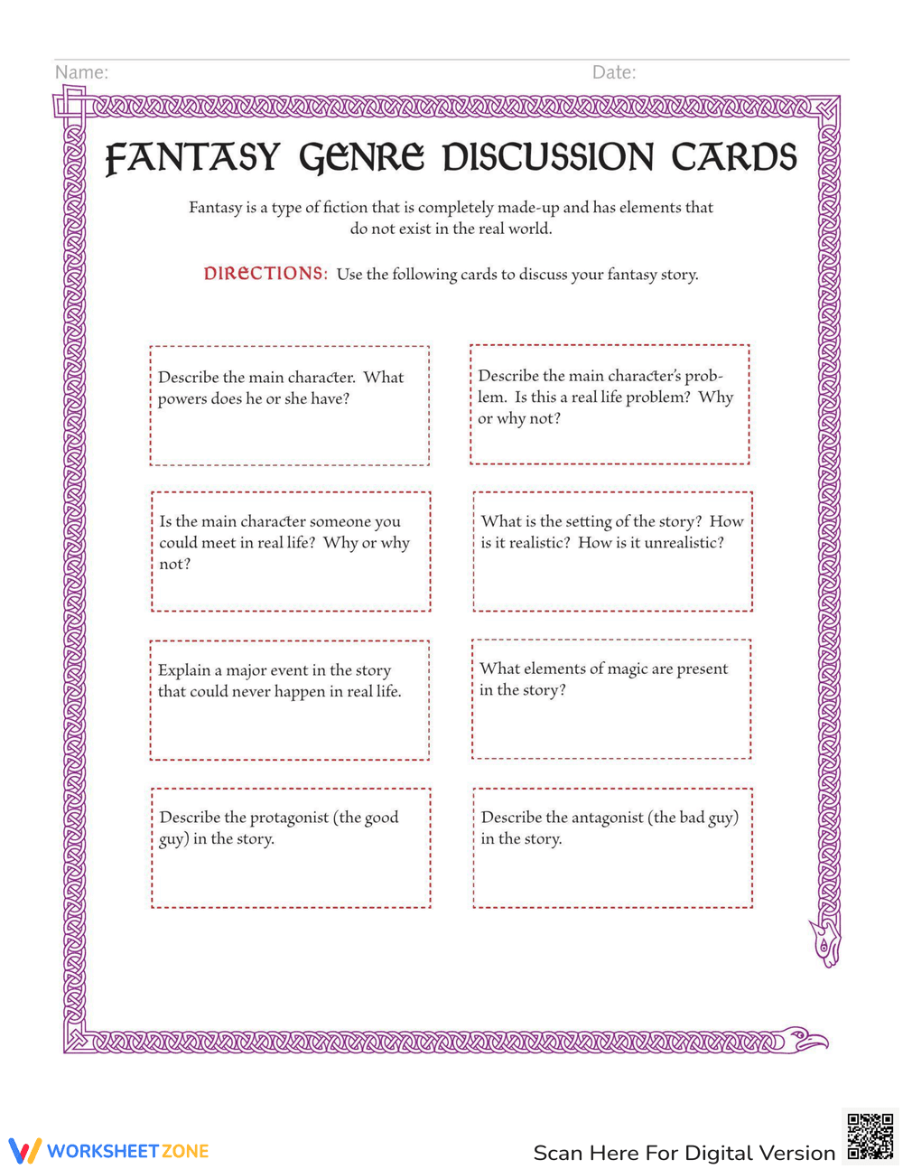 Fantasy Genre Discussion Cards Worksheet - Page 1
