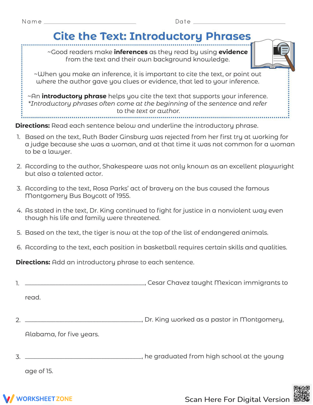 Cite the Text: Introductory Phrases Worksheet - Page 1