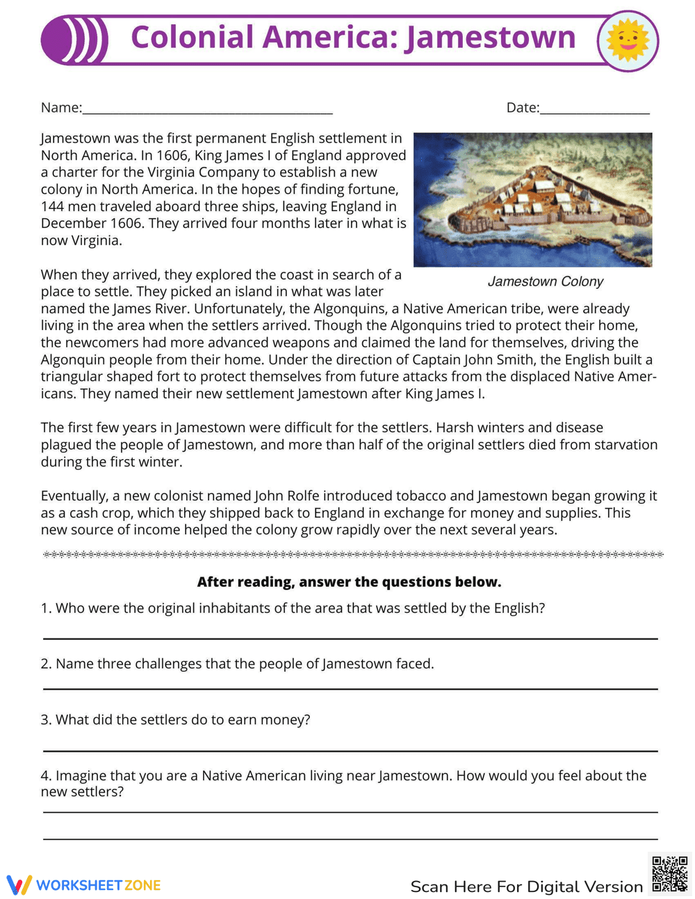 Colonial America: Jamestown History Worksheet - Page 1