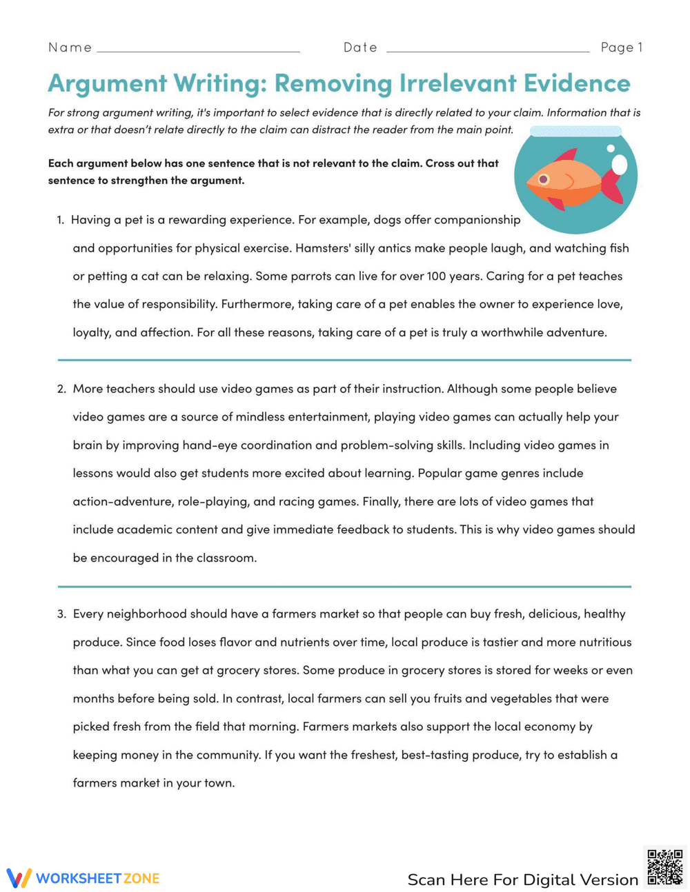 Argument Writing: Removing Irrelevant Evidence - Page 1