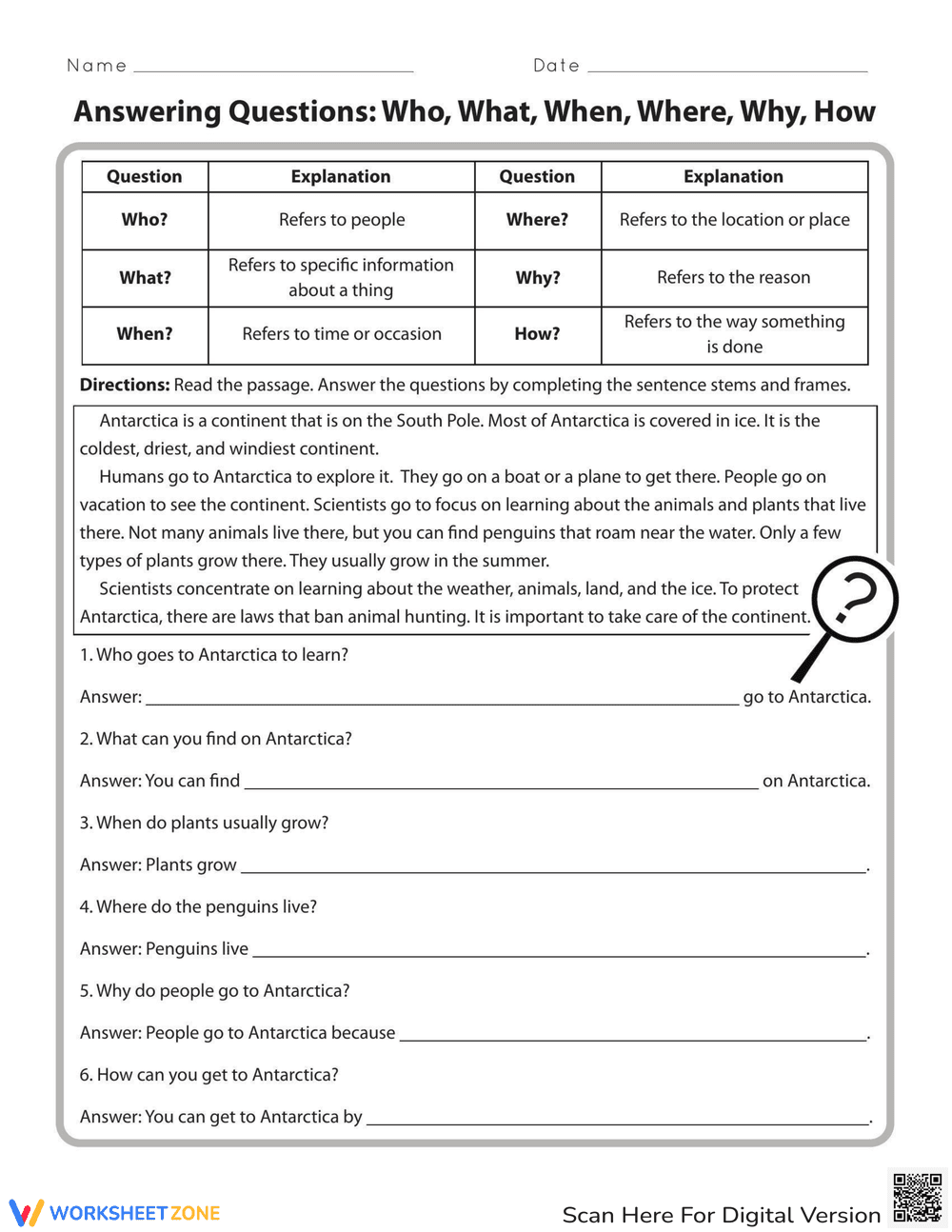 Answering Questions: 5Ws and H - Page 1