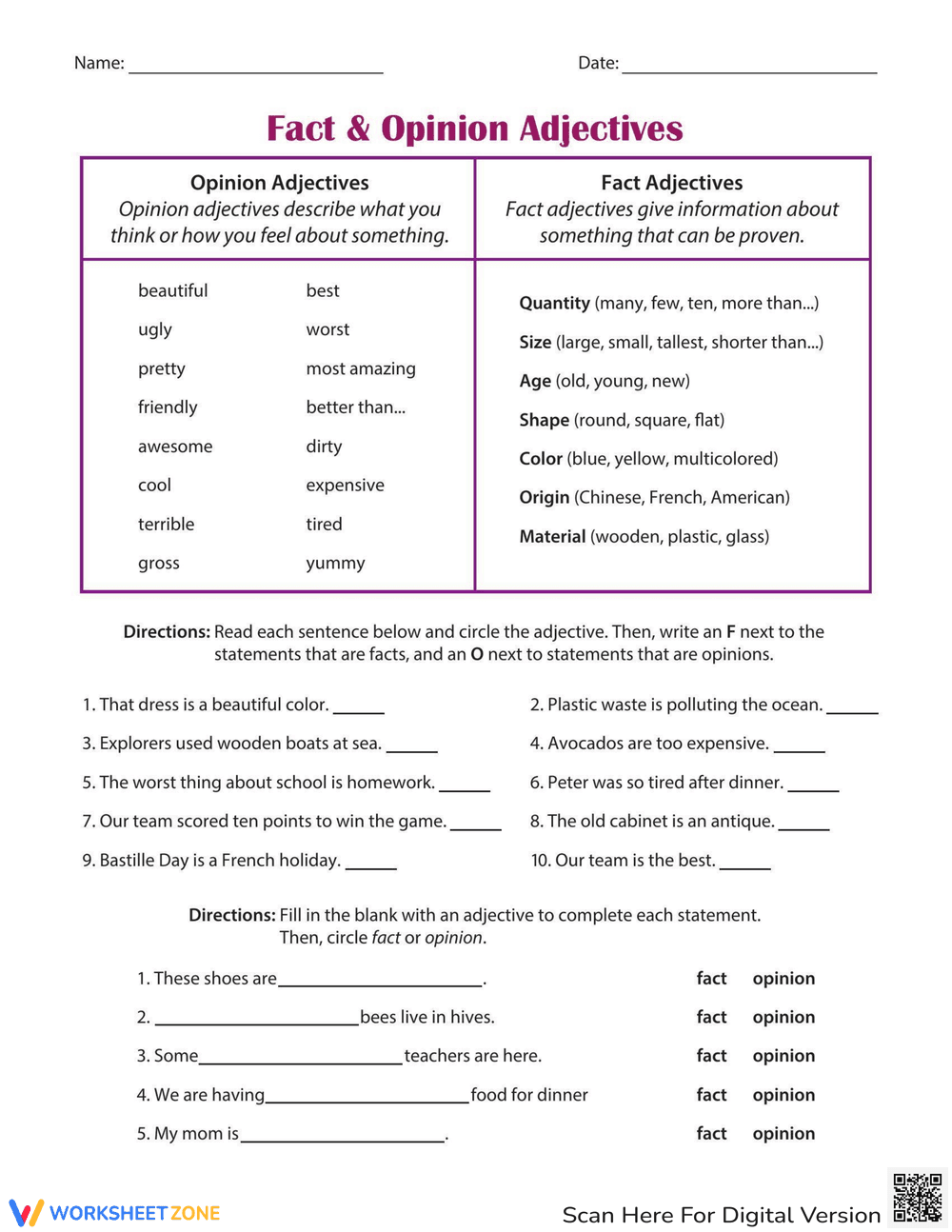 Fact and Opinion with Adjectives - Page 1