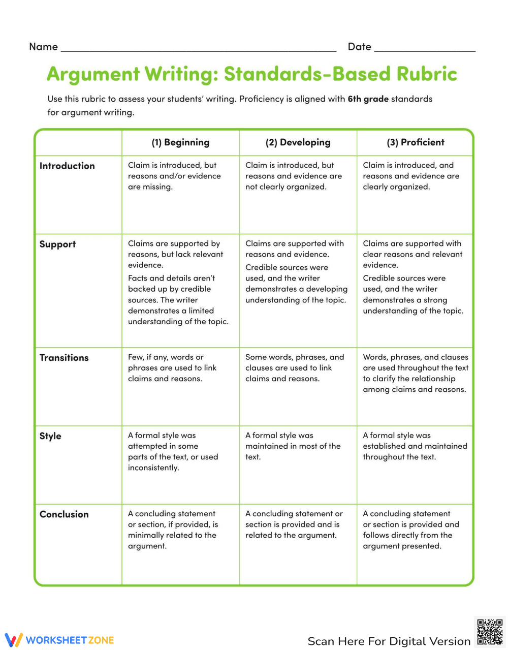 Argument Writing Rubric: 6th Grade - Page 1