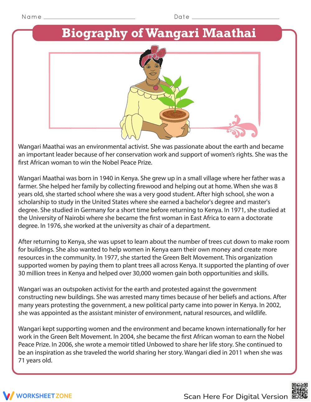 Biography of Wangari Maathai Worksheet - Page 1