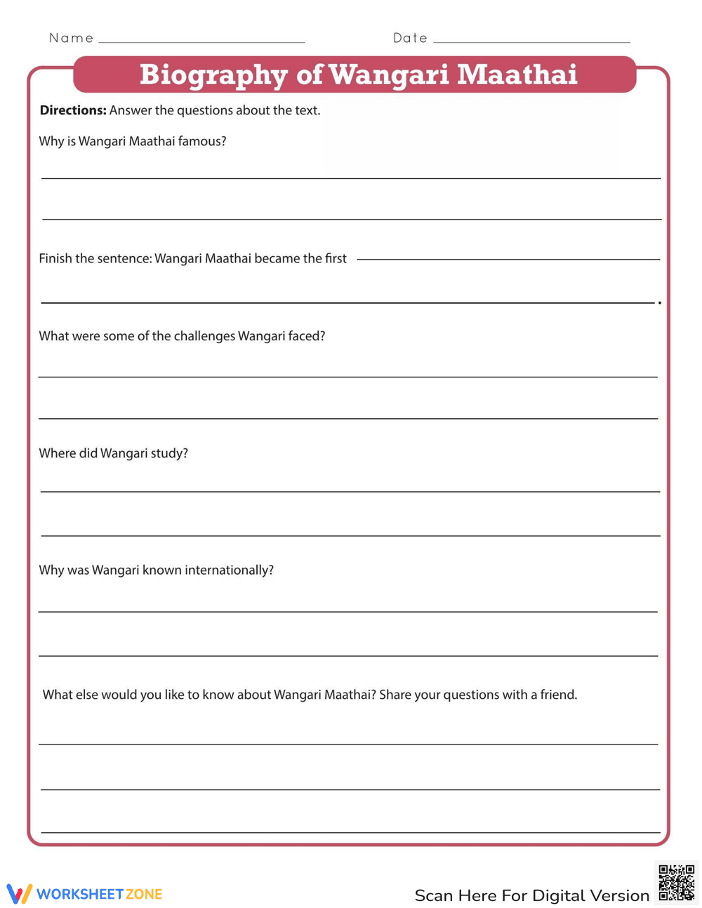 Biography of Wangari Maathai Worksheet - Page 2
