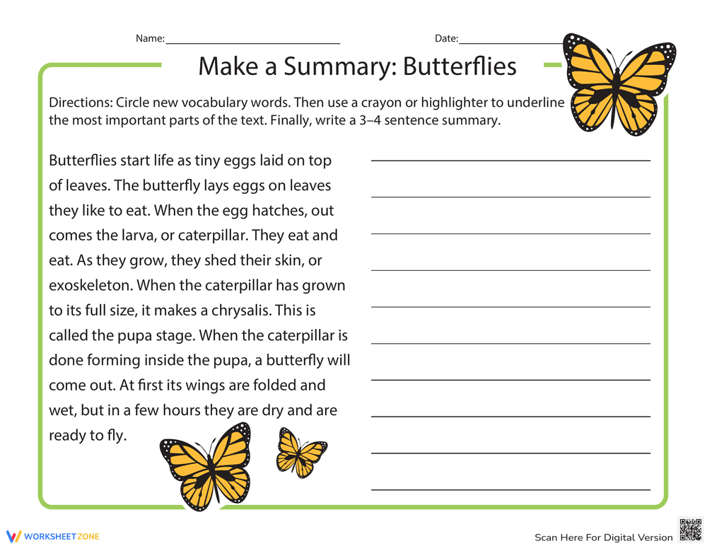 Make a Summary: Butterfly Life Cycle - Page 1