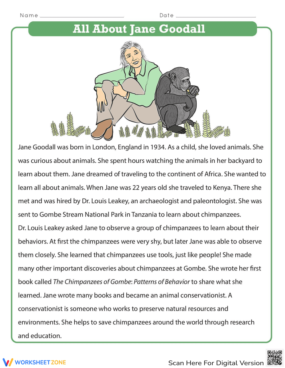 All About Jane Goodall: Biography Worksheet - Page 1