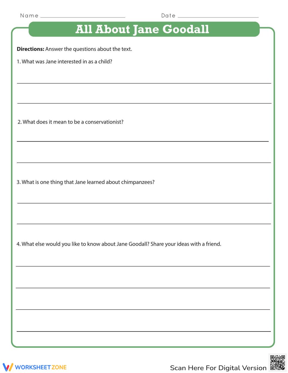 All About Jane Goodall: Biography Worksheet - Page 2