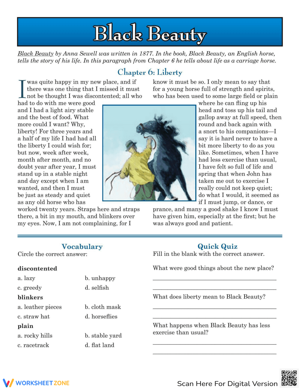 Black Beauty: Reading Comprehension Worksheet - Page 1
