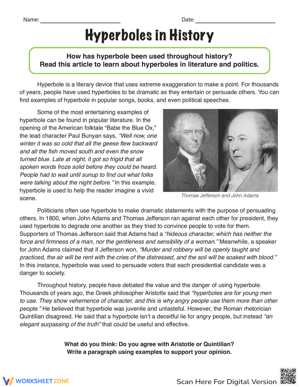 Hyperboles in History Worksheet - Page 1