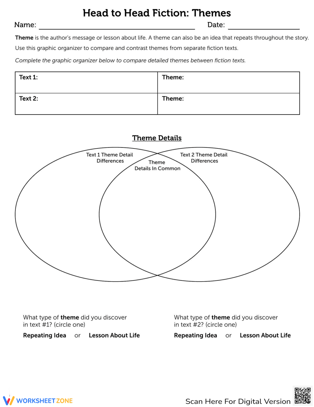 Head-to-Head: Exploring Fiction Themes Worksheet - Page 1