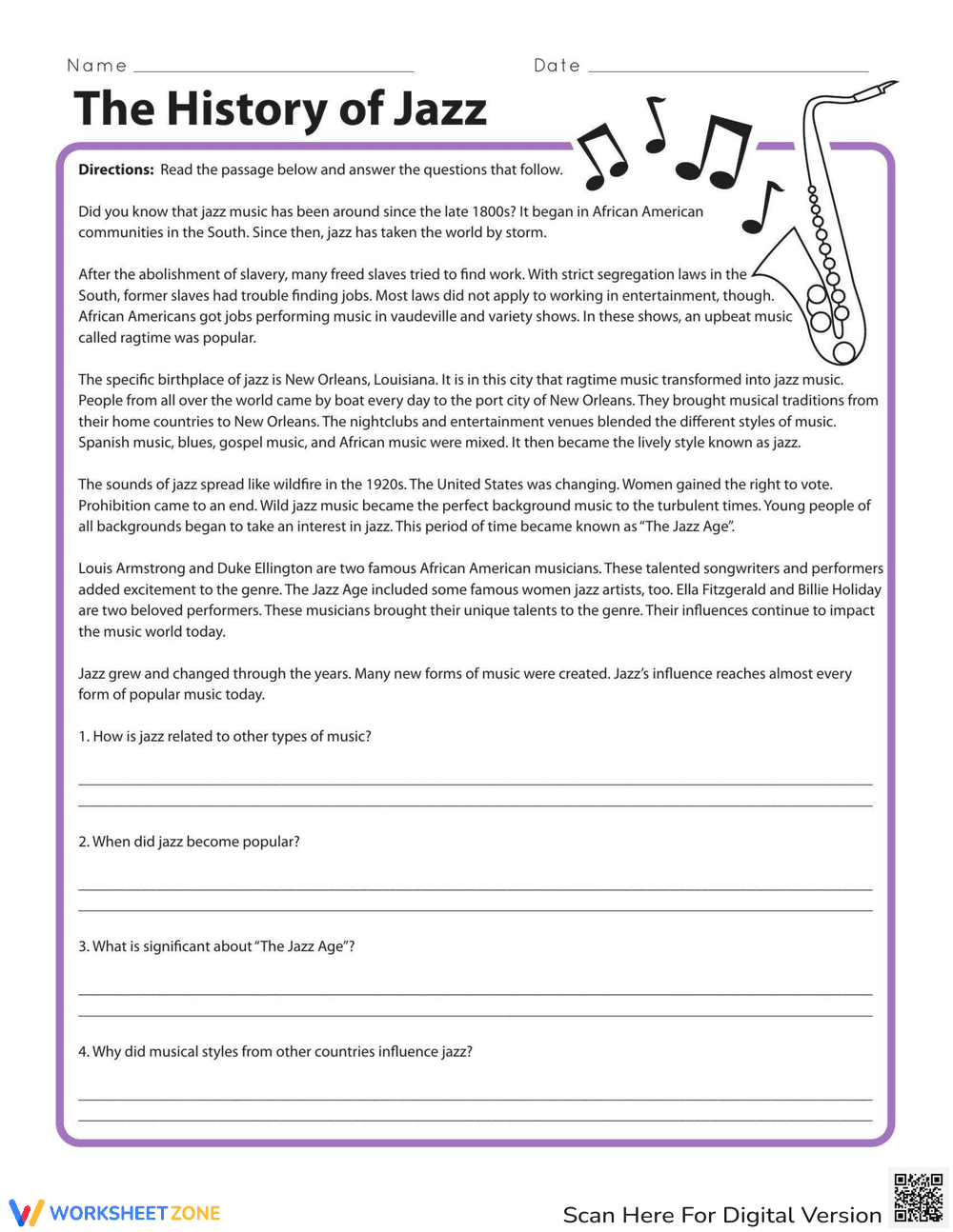 History of Jazz Worksheet - Page 1
