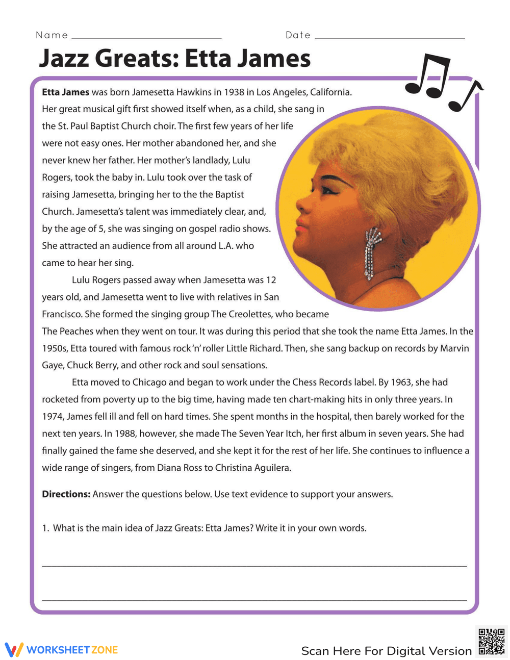 Learn About Etta James Worksheet - Page 1